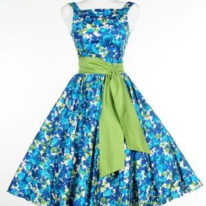 Pinup Girl Clothing Maria Dress - Floral Lined Dress with Sash and Full Skirt